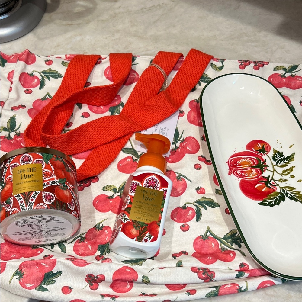 All 4 items Tomato Print Tote , tomato platter, off the vines candle & soap